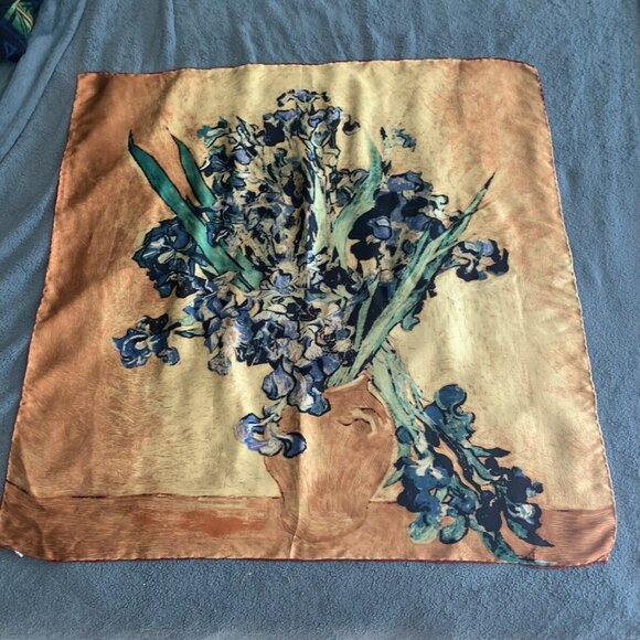Vintage Art Scarf Floral Master Painting Rolled Edge Blue Gold 34" Square - Picture 5 of 8
